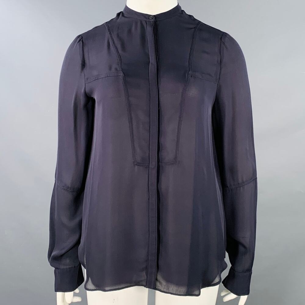 A.L.C. Size L Black Hidden Buttons Collarless Blouse
